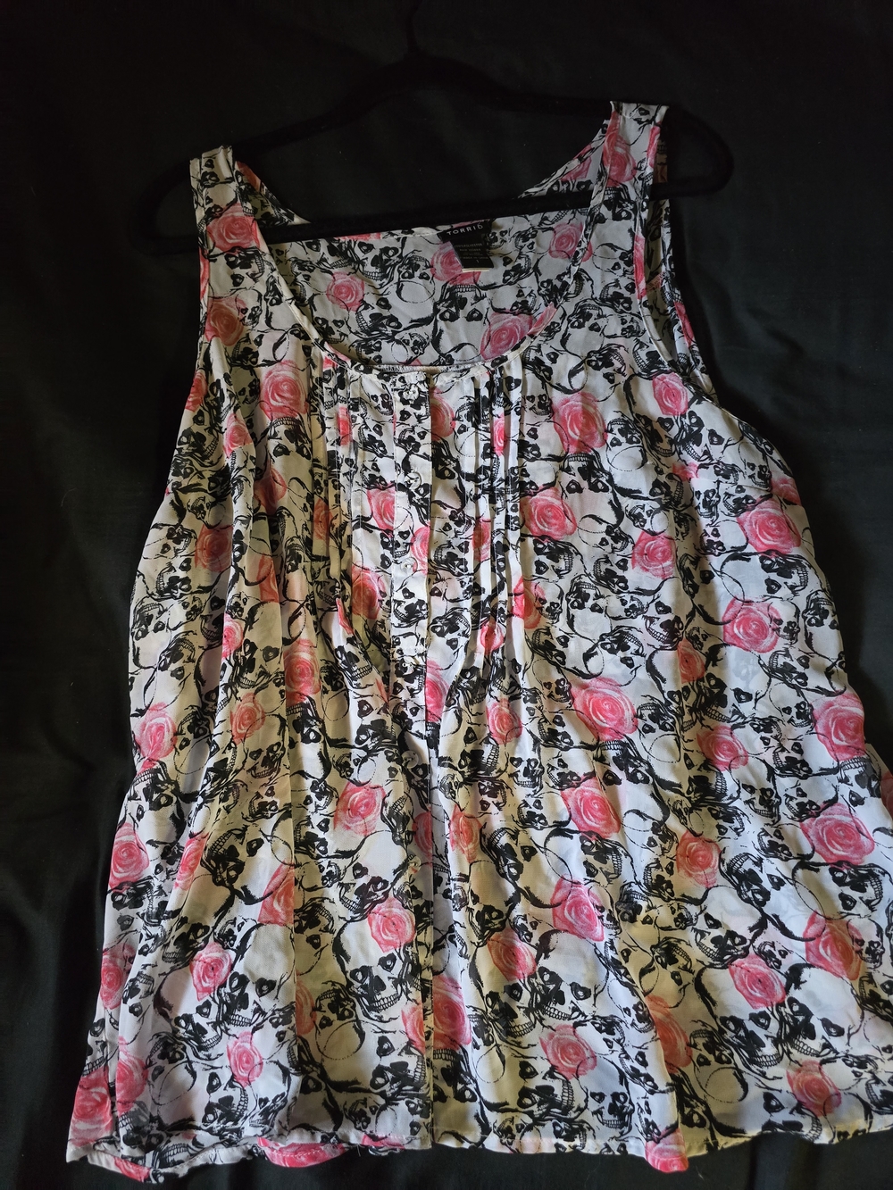 torrid Skull White Floral Tank with Pink Roses and Black Accents